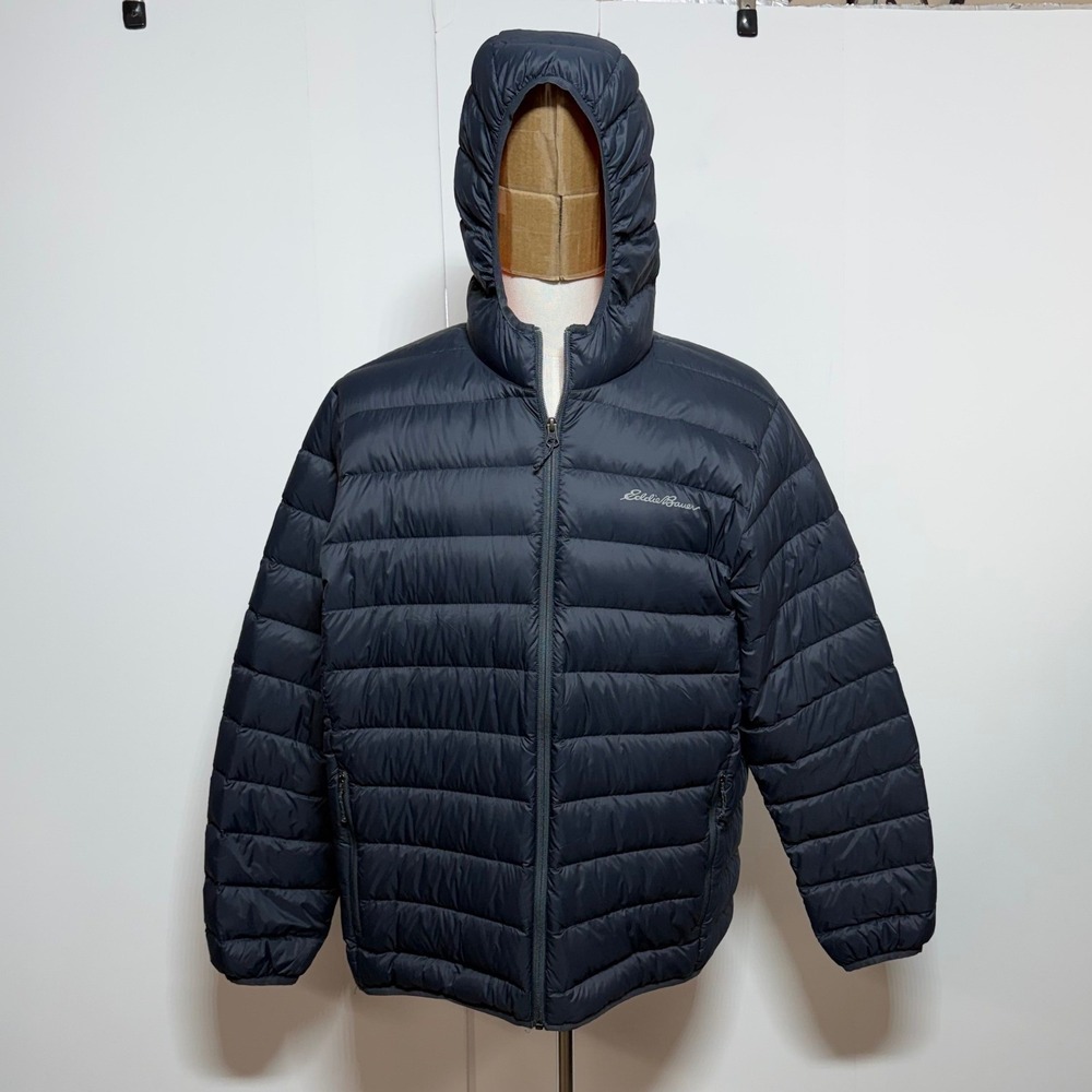 Eddie Bauer Puffer Jacket Men XL Gray Down EB650 CirrusLite Full Zip Hooded Coat